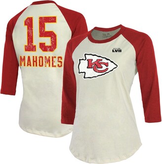 Majestic Women's Threads Patrick Mahomes Cream, Red Kansas City Chiefs Super Bowl Lvii Name and Number Raglan 3/4-Sleeve T-shirt