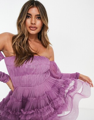 Lace & Beads off shoulder tulle mini dress in purple