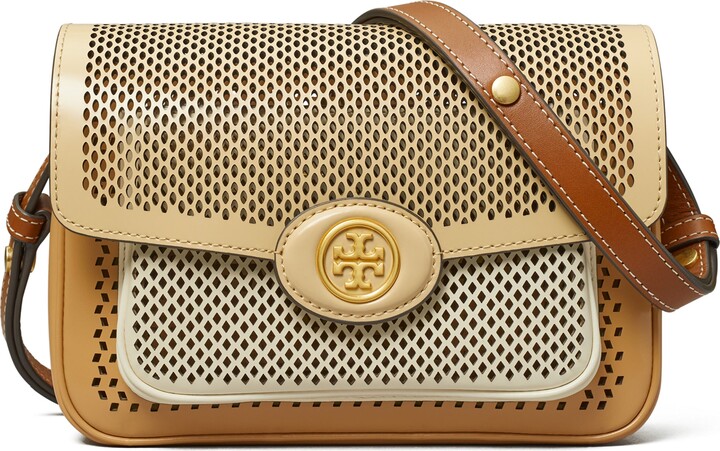 Tory Burch Off White Perforated Leather Robinson Flap Crossbody