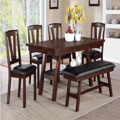 Wildon Home Dining Table 4x Side Chairs 1x Bench 6pcs Dining Set Walnut Finish Dining Room Furniture Transitional Style