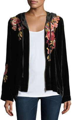 Johnny Was Malui Floral-Embroidered Velvet Hoodie, Plus Size