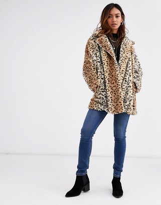 Qed London faux fur coat in leopard print