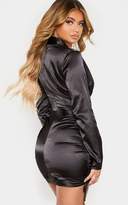 Thumbnail for your product : PrettyLittleThing Black Satin Shirt Style Ruched Bodycon Dress