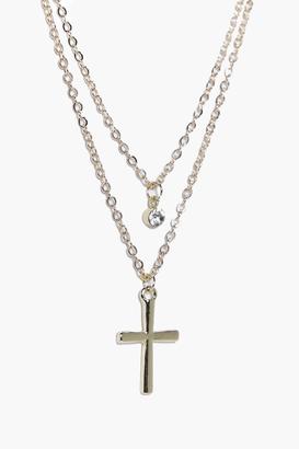 boohoo Nancy Diamante And Cross Layered Necklace