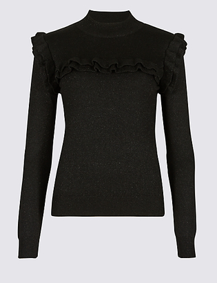 M&S Collection Sparkly Ruffle Yoke Funnel Neck Jumper