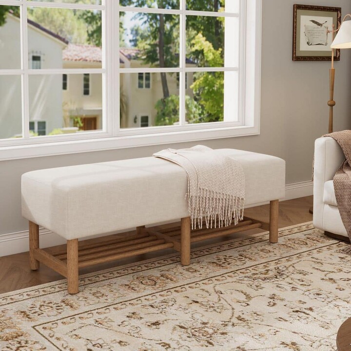Gavric Modern Beige Linen Fabric Upholstered Rectangle Storage Ottoman Bench with Shelf, Solid Wood Legs