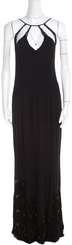 Escada Black Crepe Silk Sequin Embellished Fringed Hem Evening Dress M