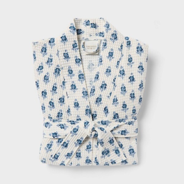 Threshold L/XLFloralWaffleBathRobeBlue/White