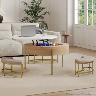 Reprise Designs Round Lift-Top Coffee Table with Storage and 3 Ottoman, Modern Design for Living Room Organization and Comfort