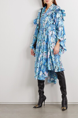 Balenciaga Asymmetric Ruffled Floral-print Silk-satin Dress