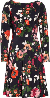 Lela Rose Floral Long Sleeve Wool Blend Dress