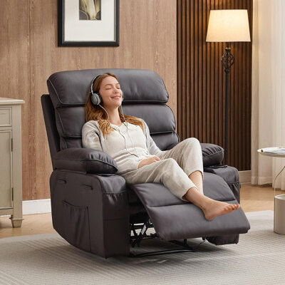 Latitude Run PU Leather Extra Wide Manual Recliner with Massage & Heat, Large Lazy Chair for Living Room