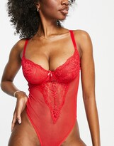 Thumbnail for your product : Ivory Rose Lingerie Ivory Rose Fuller Bust lace underwired thong bodysuit with high leg cut in red