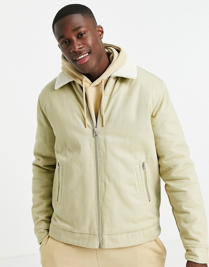 Topman harrington jacket with borg collar in stone - ShopStyle