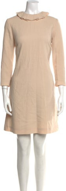 Goat Wool Shift Dress Neutrals Pleated Accents Three-Quarter Sleeve with Mock Neck Concealed Zip Closure at Back