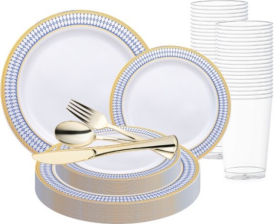 Smarty Had a Party SmartyHadAPartyWhitew/BlueandGoldChordRimPlasticWeddingSet-30Sets