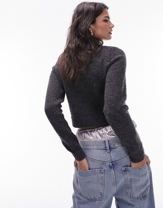 Topshop knitted micro cardi in charcoal