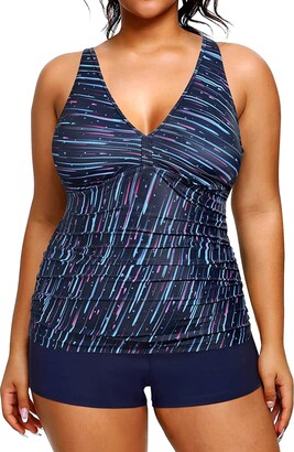 Yonique Plus Size Tankini Swimsuits for Women with Shorts Tummy Control Two  Piece Bathing Suits Slimming Swimwear Blue Colorful 20Plus - ShopStyle