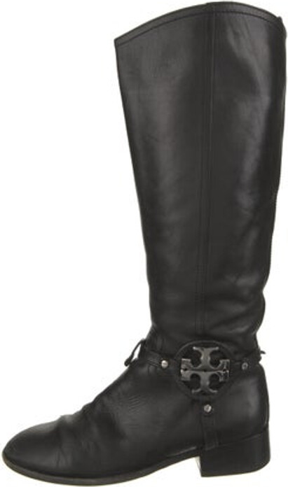 Tory Burch Leather Knee-High Riding Boots Black Round-Toes Wrap-Around Straps & Exposed Zip Closure at Sides Designer