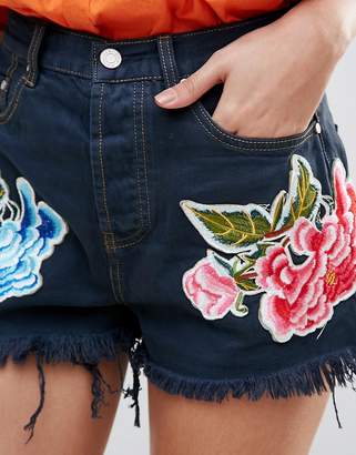 Missguided Sinner Highwaisted Denim Shorts With Floral Badges