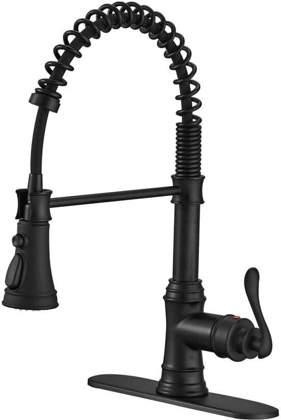 FLG Single-Handle Deck Mount Gooseneck Commercial Pull Down Sprayer Kitchen Faucet with Deckplate in Matte Black