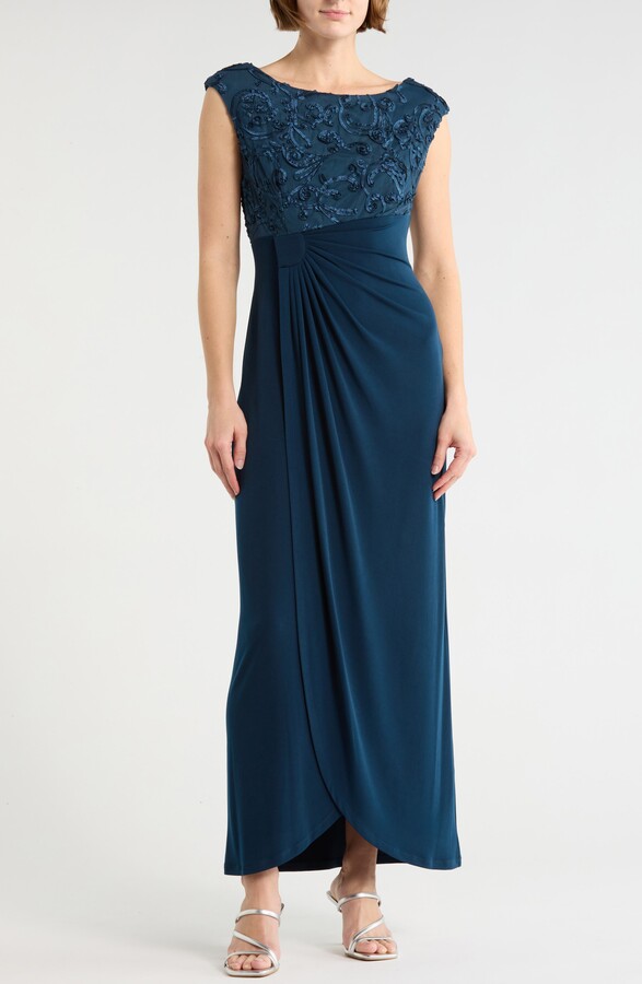 Connected Apparel Soutache Sleeveless Faux Wrap Gown