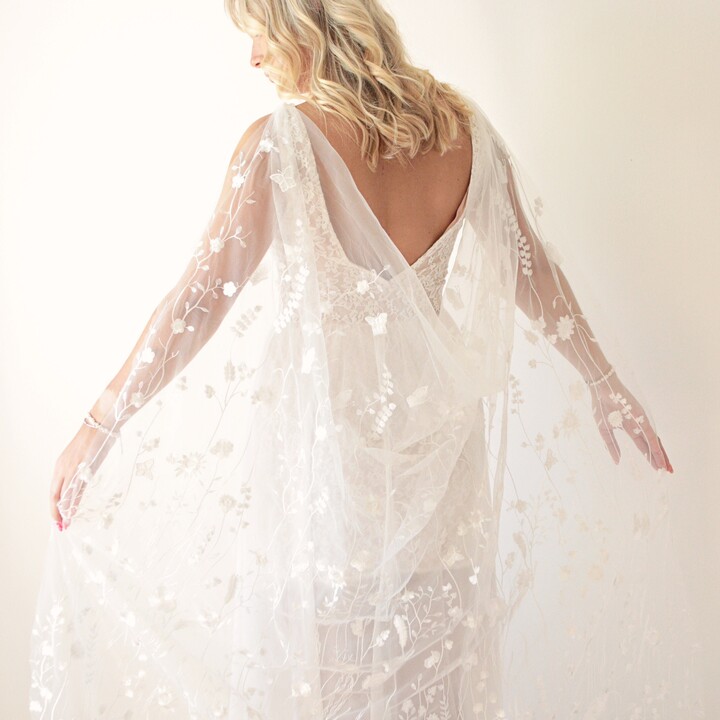 Etsy White Wildflower Clip-On Cape Embroidered Tulle Bridal Drape Style