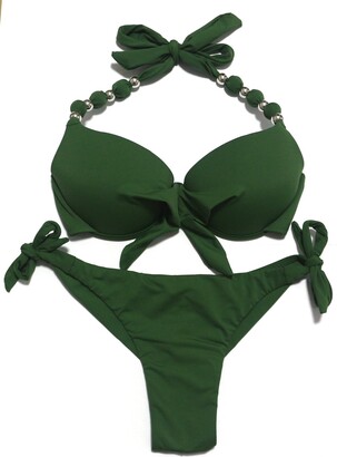 EONAR Womens Halter Swimwear Push Up Bikini Top with Underwire Side Tie Brazilian Briefs
