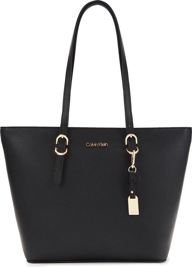 Calvin Klein Saffiano Top Zip Medium Satchel, Black/Gold: Handbags