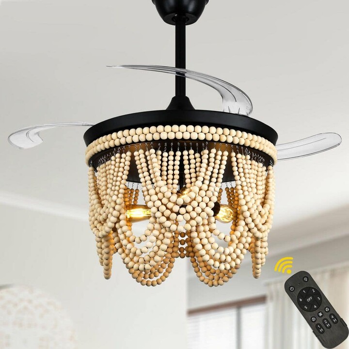 Bella Depot 42 in. Indoor Black Downrod Farmhouse Ceiling Fan with Light Kit and Remote, Wood Beaded Caged Fanderlier with 6-Speeds