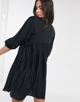 ASOS DESIGN mini pleated smock dress with puff sleeve in black