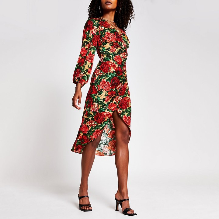 red print wrap dress