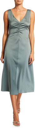 Vince Ruched Double V-Neck Sleeveless Dress