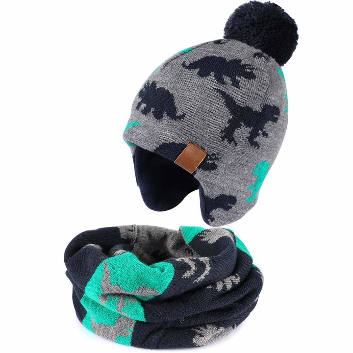 Tacobear Kids Pom Beanie Hat Winter Warm Cable Knit Earflap Hat Cap Fleece Lined Outdoor Ski Snowboard for Boys and Girls 