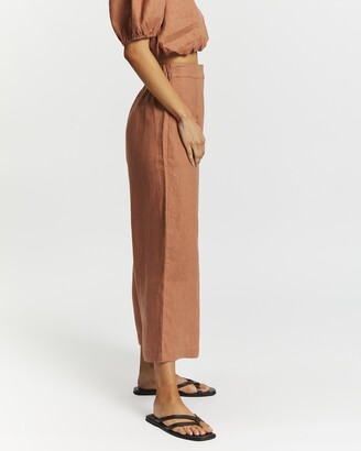 AERE Women's Brown Cropped Pants - Linen Wide Leg Culottes