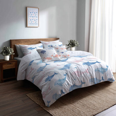 Kids Ocean Bedding Set Of 5 Pcs - Animals Little Whales Duvet Cover And Throw Pillow Set