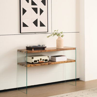 Latitude Run Walnut Tempered Glass Big Side Table Entry Table For Kitchen Office Outdoor Multi - Purpose Snacks And Books Can Be Couch Desk Stacking Easy To