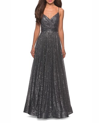 La Femme Sequin V-Neck Sleeveless A-Line Gown with Ruched Bodice
