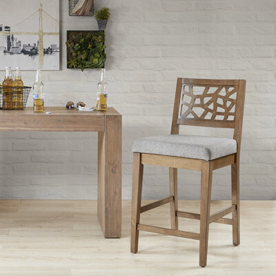 Everly Quinn Solid Wood Counter Stool With Upholstered Seat In Oak And Grey Assembly Required Grey Construction Seat