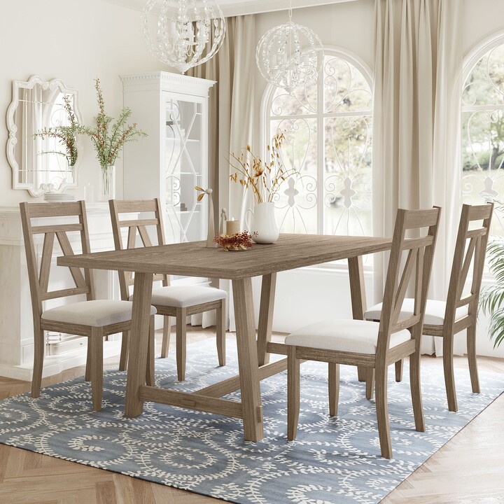Farmhouse 5-Piece Wood Dining Set with Rectangular Table and X-Back  Upholstered Chairs for Living Room - Bed Bath & Beyond - 38857114