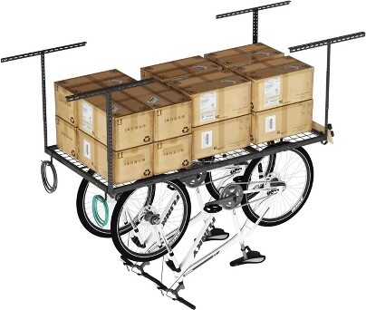FLEXIMOUNTS OHK36B-E 3'x6' Overhead Garage Storage Ceiling Storage Rack with 8 Accessory Hooks Black: Steel Utility Shelves, 450 lb Capacity