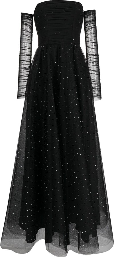 Nissa Black Rhinestone-Embellished Tulle Midi Dress