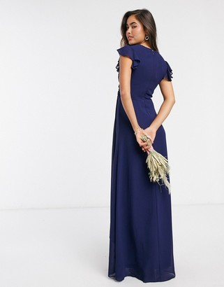 TFNC bridesmaid flutter sleeve ruffle detail maxi dress in navy - ShopStyle