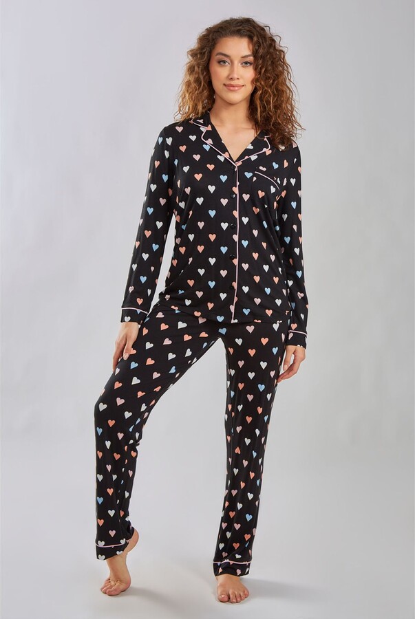 iCollection Multi Hearts Button Front Pajama Lounge Set