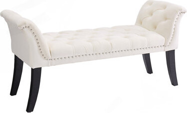 Armrest Button-Tufted Ottoman Bench, Upholstered Footrest Stool Rectangular Beige Velvet Fabric Accent Bench For Entryway Dining Room Living Room Bedr