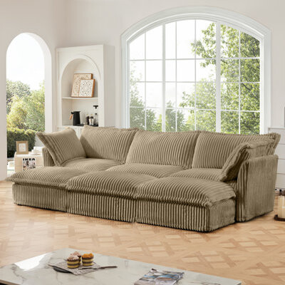 Everly Quinn Modern 3 Seater Upholstered Sofa with 3 Ottomans and 2 Pillows for Living Room Bedroom and Apartment