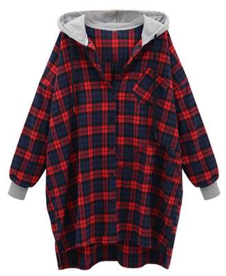 Yiwa Women’s Fashion Casual Plus Size Drop Shoulder Sleeve Hooded Plaid Loose Coat Red L