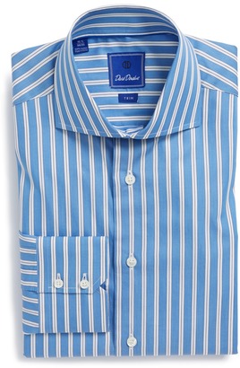 David Donahue Trim Fit Royal Oxford Stripe Dress Shirt