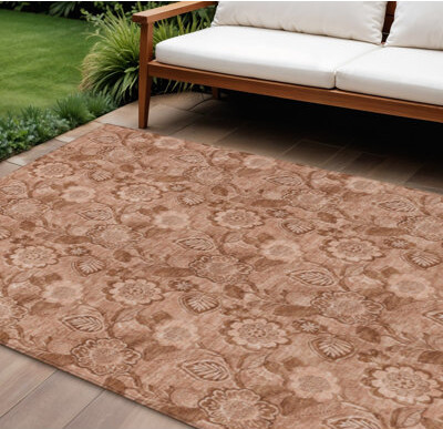 HomeRoots 10' X 14' Terra Cotta And Copper Floral Washable Indoor Outdoor Area Rug