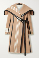 Thumbnail for your product : Burberry Layered Cape-effect Leather-trimmed Striped Wool Coat - Camel